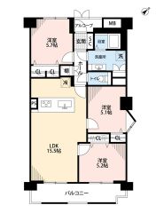 リビングは15.5帖と広々。洋室が3部屋あるので、お子様が大きくなっても安心ですね＾＾2部屋より出入りできるバルコニーも魅力的＾＾