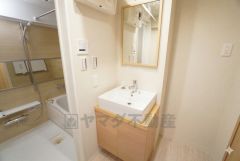 コンパクトながらも使い勝手を追求した洗面スペース。大きな鏡と清潔感のあるホワイトのボウルが、朝の時間を爽やかに演出します。リノベーション物件ならではの、新しさと心地よさをぜひ体感してください。 