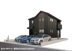 完成予想図。現況と異なる場合は現況優先となります。 シックなダークカラーの外壁に、中央のブラウンがアクセントのモダンな外観＾＾ 