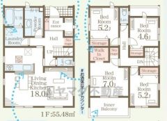 4LDK。ウォークインクローゼット＆洗面室収納＆シューズクロークなど収納充実の間取り。急な雨でも安心のインナーバルコニーあり。