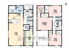 4LDK＾＾LDK17帖。駐車場2台分。 和室あり＾＾ 南面バルコニーで日当たり良好。 全居室収納付き＾＾ 主寝室にテレワークルーム完備＾＾