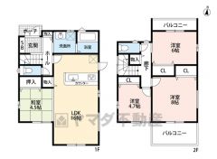 1階は約16帖のLDKと約4.5帖の和室＾＾キッチンには勝手口付き＾＾ 2階には全居室収納付きの3洋室＾＾バルコニーは2ヶ所＾＾
