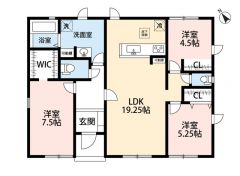 生活動線や家事動線が効率的な平屋住宅。3LDK・19.25帖広々としたLDK。主寝室にWIC完備＾＾全居室収納付き