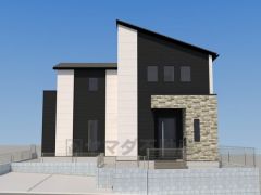 完成予想図。玄関ポーチ周りには、あたたかみのある石目調のタイルをあしらい、モノトーンの緊張感の中に優雅さと落ち着きをプラス。