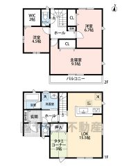 3LDKとタタミコーナー。1階はLDKとタタミコーナー合わせて18.5帖の広々空間＾＾2階主寝室9.5帖＾＾WICなど全居室収納付き。南面バルコニーで陽当たり良好＾＾