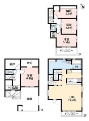 3階建＾＾3LDK、2S＾＾ビルドイン1台分＾＾ LDK19.9帖＾＾リビング階段で開放感＾＾パントリー＆WIC＆納戸で収納充実の間取り＾＾