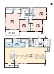 4LDK。LDK広々20帖。リビング収納＆パントリー＆WICなど収納充実の間取り＾＾家族間のコミュニケーションの取りやすいリビング階段を採用。
