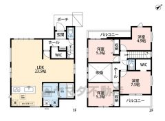 4LDK。オールフローリング。2面バルコ二ー。 リビング広々23.5帖＾＾1.2階にWIC完備＾＾