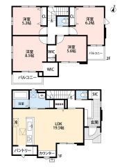 4LDK。パントリー＆リビング・洗面室収納＆WICなど収納充実の間取り。主寝室は広々約8.5帖＾＾