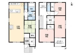 4.5帖の和室含む4LDK。玄関にシューズクローク付き。LDK18帖＾＾家族のコミュニケーションがとりやすいリビング階段。2階ホールにフリースペースあり＾＾全居室収納。南面インナーバルコニー＾＾