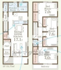 3LDK。南向きで陽当たり良好＾＾家族間のコミュニケーションが取りやすい、リビングスルー階段を採用。全居室7帖以上＾＾南面バルコニー。