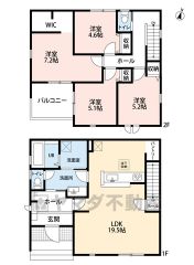 4LDK19.5帖LDK広々。明るく開放感のある空間。嬉しいランドリー収納・パントリーあり。主寝室にWIC付・南東向きのバルコニー