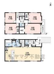 オールフローリング4LDK。広々とした約19.8帖のLDKにはリビング収納・パントリー付き＾＾家族間のコミュニケーションが取りやすいリビング階段＾＾主寝室8.2帖。ウォークインクローゼット付き＾＾
