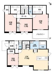 全室南向きで日当たり、通風良好です。カウンターキッチンに加えて、リビング階段になっているので、お顔を合わす回数が増え、ぐっと家族の距離が縮まります。