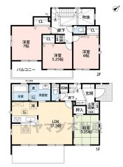 約5.25帖の和室含む4LDK。玄関上部は吹抜け、LDKは折り上げ天井と明るく開放感のある間取り＾＾全居室収納＾＾玄関に土間収納あり＾＾2部屋から行き来できる続きバルコニー＾＾