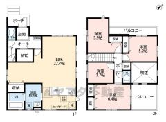 4LDK。オールフローリング。2面バルコ二ー。 リビング広々22.7帖＾＾1.2階にWIC完備＾＾