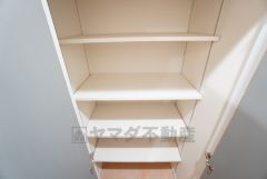 ホールには可動棚タイプの収納付き。