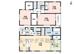 4LDK。1階はLDKと畳コーナー合わせて約19.75帖の広々とした空間＾＾2階2洋室にウォークインクローゼット付き＾＾