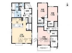 3LDK＾＾18.5帖のLDK上部は吹抜けと折り上げ天井で明るく開放感のある空間＾＾広々パントリー、スタディーカウンター付き＾＾全居室ウォークインクローゼット付き＾＾南面バルコニー＾＾