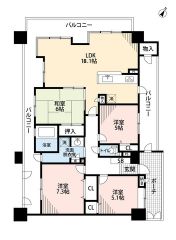 約6帖の和室含む4LDK。LDK18.1帖。3面バルコニーで圧倒的な開放感＾＾ 食器洗浄乾燥機付きシステムキッチンなど設備充実＾＾洗面室や廊下、全居室など収納充実の間取り＾＾ 