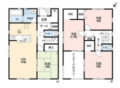 4LDK。南東向き。リビング隣に和室あり。2階2洋室にウォークインクローゼットなど全居室収納付き。幅広インナーバルコニーで急な雨でも安心＾＾
