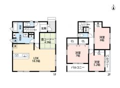3LDKとタタミコーナー。南向き。LDKは広々18.5帖。キッチン上部は折下天井でおしゃれな空間＾＾洗面室は収納も2ヶ所あり、ゆとりのある広さを確保＾＾南・東側の2面バルコニーで陽当たり＆風通し良好