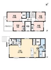 4LDK。LDK22.7帖＾＾リビング上部は吹抜けで開放的な空間＾＾ウォークインクローゼット付き。洗面室広め＾＾南西バルコニーで陽当たり良好＾＾