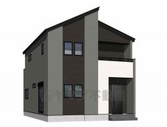 完成予想図。現況と異なる場合は現況優先となります。ダークトーンを基調とした重厚感のある外観に、スロープ屋根とバルコニーがアクセントを添えるモダンデザイン。