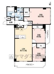 オールフローリング3LDK。主寝室は広々約9.4帖＾＾ウォークインクローゼット付き。南・東側の2面バルコニーで陽当たり、風通し良好＾＾
