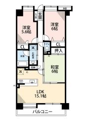 約6帖の和室含む3LDK。南向き。LDKと和室を合わせると約21.1帖の広々とした空間＾＾全居室収納＆廊下収納あり。南面バルコニーで陽当たり＆風通し良好＾＾
