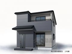 完成予想図。 ベースカラーのライトグレーに、玄関周りからバルコニーへと大胆にダークグレーのアクセント外壁を配置し、ファサード（正面デザイン）に豊かな立体感を持たせました。 