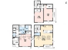 3LDK＾＾プライバシーが確保された2階リビング＾＾水廻りは1階に配置。収納充実の間取り＾＾