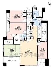 4LDK。南西向き。 LDKは17.3帖の広々とした空間＾＾バルコニー3か所＆ライトコートで明るい室内＾＾ 主寝室にウォークインクローゼットなど全居室収納付き＾＾