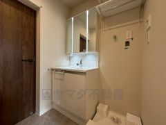 三面鏡裏収納付き洗面化粧台です＾＾ 歯磨きセットやスキンケア用品などの収納に便利ですね。