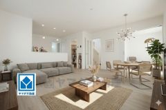 17帖。家族が集まる開放的なリビング。思い思いの時間を過ごしたり食事をしたり、素敵な団らんの場になりますね。家具はCGによるイメージ画像